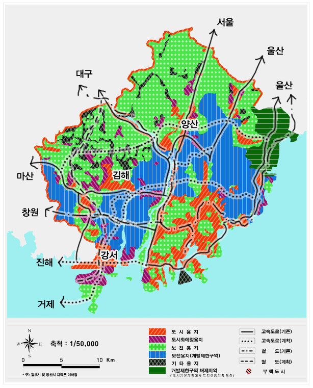 위 표에 대한 이미지입니다. : [축척 : 1/50,000], [도시용지, 도시화예정용지, 보전용지, 보전용지(개발재한구역), 기타용지, 개발제한구역 해재지역, 고속도로(기본), 고속도로(계획), 철도(기존), 철도(계획), 부핵도시], [주) 김해시 및 양산시 지역은 미확정]