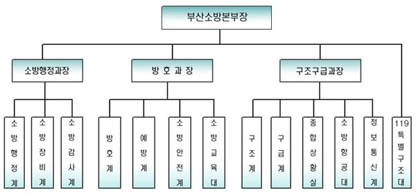 부산 소방본부장 아래 소방행정과장, 방호과장, 구조구급과장이 있으며 소방행정과장아래 소방행정계, 소방장비계, 소방감사계가 있습니다 방호과장 아래 방호계, 예방계, 소방안전계, 소방교육대가 있습니다 구조구급과장 아애 구조계, 구급계, 종합상황실, 소방항공대, 정보통신계, 119 특별구조대가 있습니다