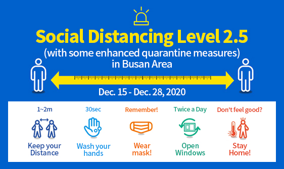 Social Distancing Level 2.5 (with some enhanced quarantine measures) in Busan Area  Dec. 15 - Dec. 28, 2020
				1~2m : Keep your Distance, 30sec : Wash your hands, Remember! : Wear mask!, Twice a Day : Open Windows, Don't feel good? : Stay Home!
