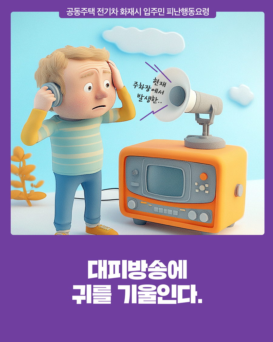 공동주택 전기차 화재시 입주민 피난 행동요령
        현재 주차장에서 발생한..
        대피 방송에 귀를 기울인다.